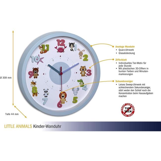 Ceas de perete pentru copii, silentios, cu animale si cifre 3D, TFA Little Animals 60.3051.14