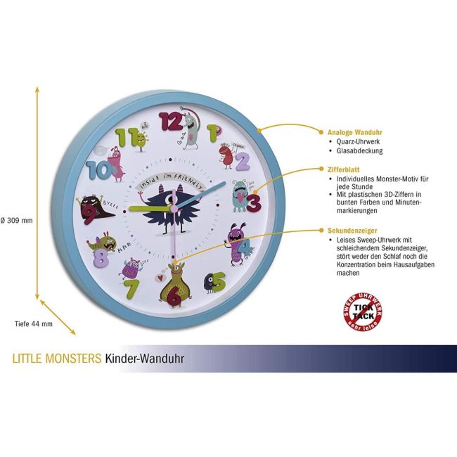 Ceas de perete pentru copii, silentios, cu animale si cifre 3D, TFA Little Monsters 60.3051.20