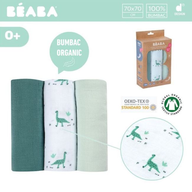 Set 3 Museline Beaba bumbac organic 70x70 cm Jurassic Green ERF3384349203450