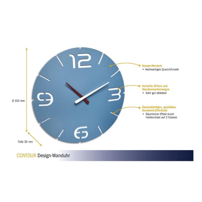 Ceas de perete colorat, analog, creat de designer, model CONTOUR, albastru, TFA 60.3047.14