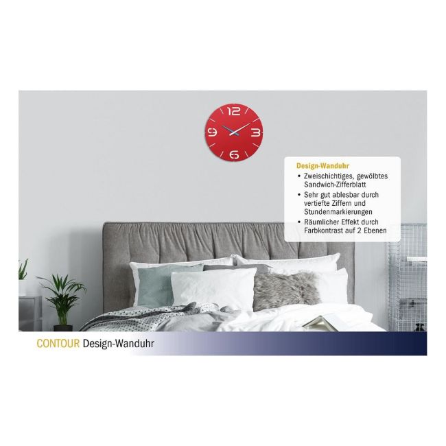 Ceas de perete colorat, analog, creat de designer, model CONTOUR, rosu, TFA 60.3047.05