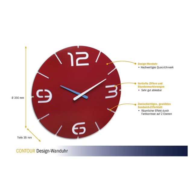 Ceas de perete colorat, analog, creat de designer, model CONTOUR, rosu, TFA 60.3047.05