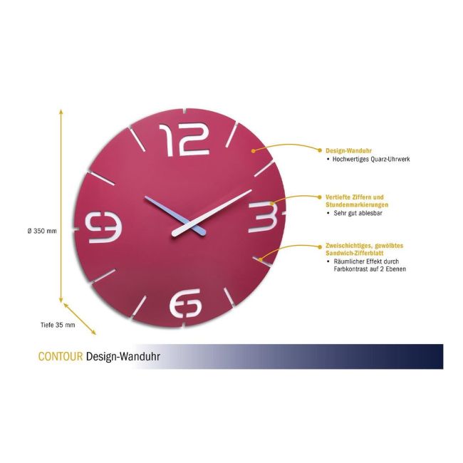 Ceas de perete colorat, analog, creat de designer, model CONTOUR, roz, TFA 60.3047.12