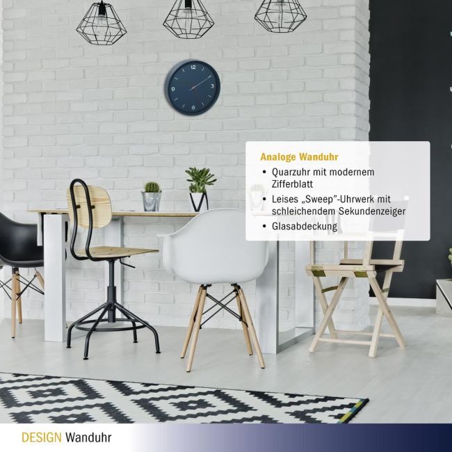 Ceas silentios de perete, analog, albastru petrol, monocrom, design minimalist, TFA 60.3056.06