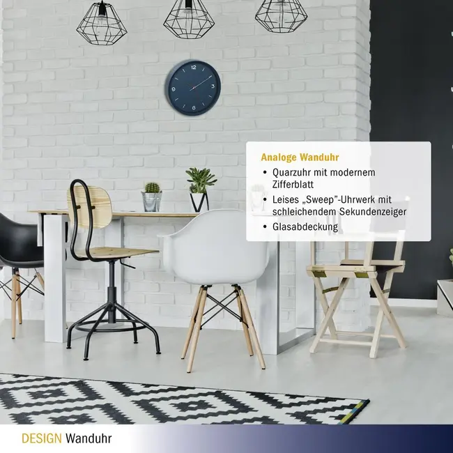 Ceas silentios de perete, analog, albastru petrol, monocrom, design minimalist, TFA 60.3056.06