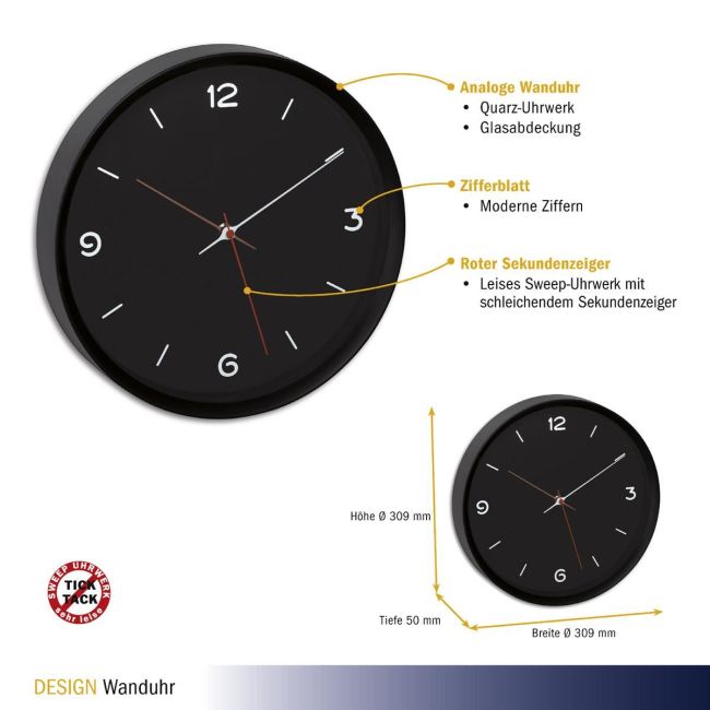 Ceas silentios de perete, analog, negru, monocrom, design minimalist, TFA 60.3056.01