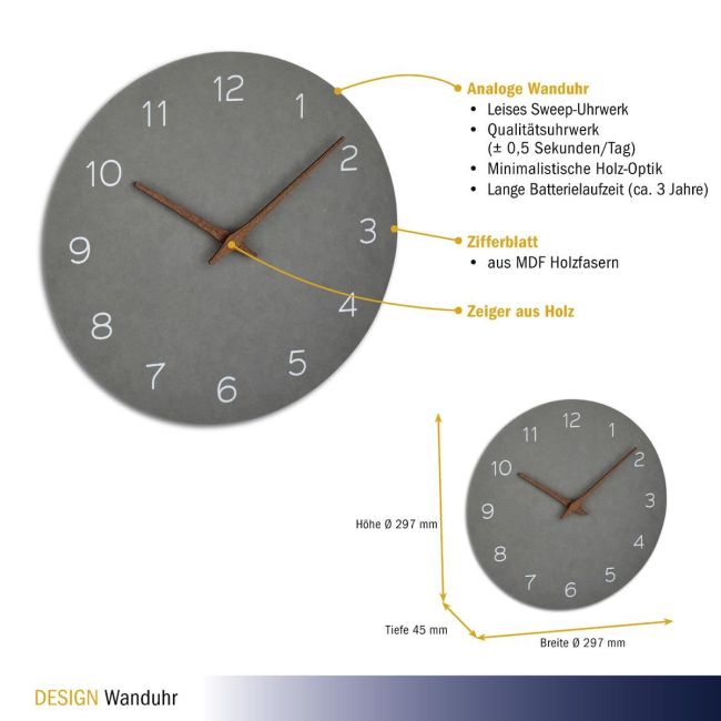 Ceas silentios de precizie din lemn, analog, de perete, design minimalist, gri, TFA 60.3054.10