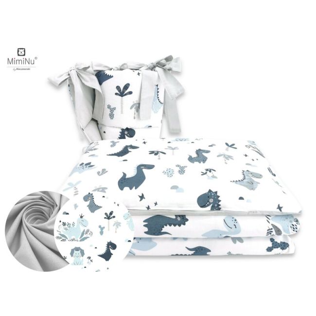 MimiNu - Lenjerie patut 3 piese, Cu protectie laterala, Dino Granat, Din bumbac, Pentru patut 120x60 cm BYN6426972008198