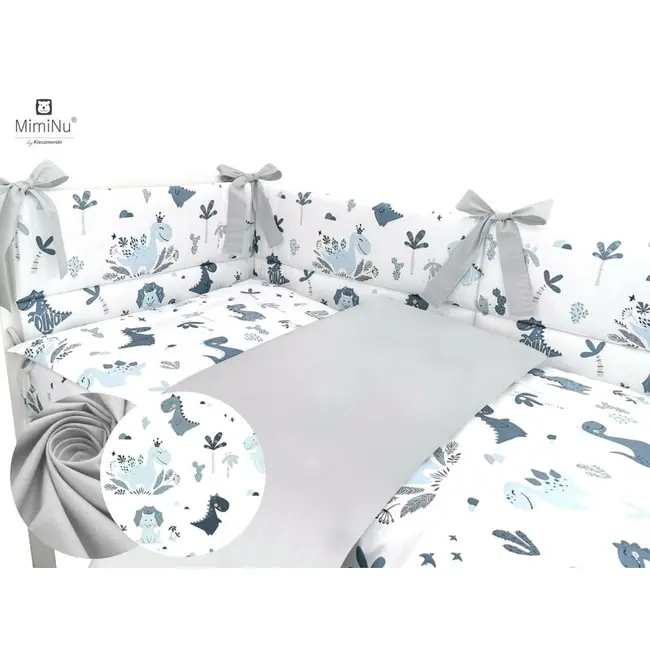 MimiNu - Lenjerie patut 3 piese, Cu protectie laterala, Dino Granat, Din bumbac, Pentru patut 120x60 cm BYN6426972008198