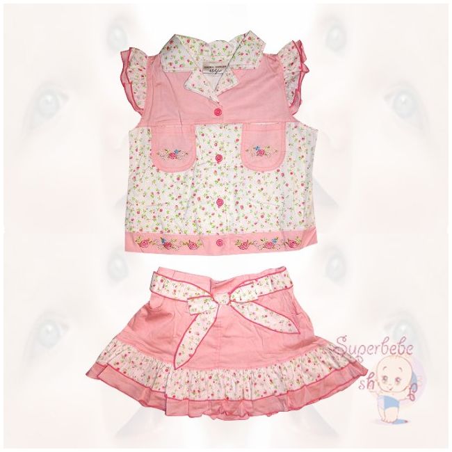 Costumas cu fustita roz si bluzita cu floricele 12 luni - 9428.12 luni