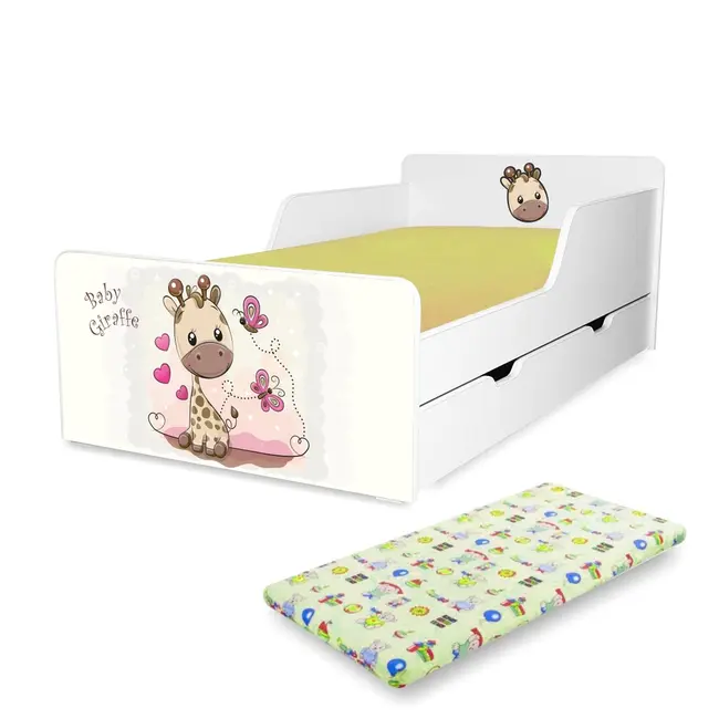 Pat pentru copii 2-12 ani Start Girafa, cu sertar si Saltea cu lana SafeNest 160x80 inclusa - PC-P-MK-GIR-SRT-80