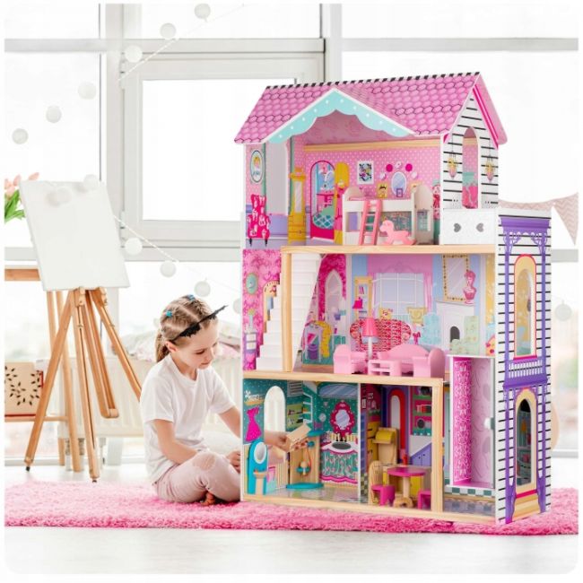Casuta de papusi din lemn cu 3 etaje, lift si lampa led ricokids rc-829 edeedi7829
