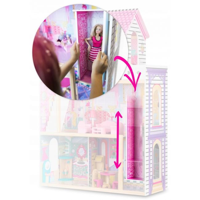 Casuta de papusi din lemn cu 3 etaje, lift si lampa led ricokids rc-829 edeedi7829