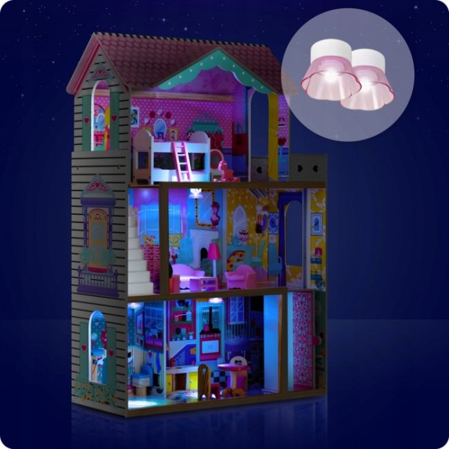 Casuta de papusi din lemn cu 3 etaje, lift si lampa led ricokids rc-829 edeedi7829