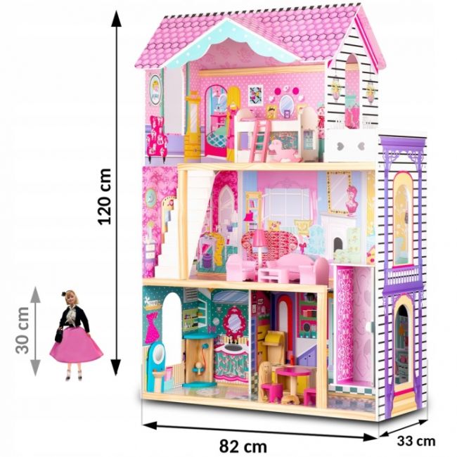 Casuta de papusi din lemn cu 3 etaje, lift si lampa led ricokids rc-829 edeedi7829