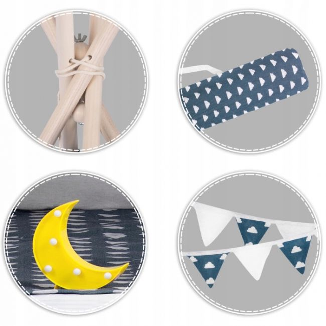 Cort de joaca pentru copii cu ghirlanda, 3 pernite si lampa led luna, ricokids 740404, 120 x 120 x 165 cm - bleumarin edeedi740404