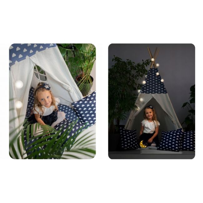 Cort de joaca pentru copii cu ghirlanda, 3 pernite si lampa led luna, ricokids 740404, 120 x 120 x 165 cm - bleumarin edeedi740404