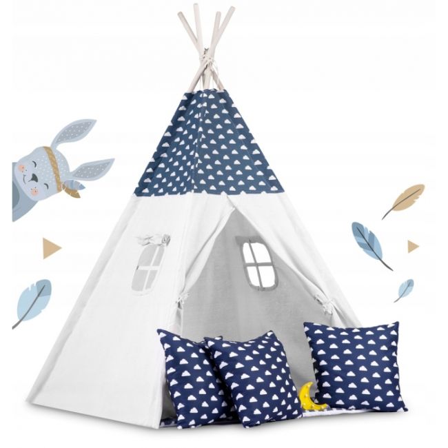 Cort de joaca pentru copii cu ghirlanda, 3 pernite si lampa led luna, ricokids 740404, 120 x 120 x 165 cm - bleumarin edeedi740404