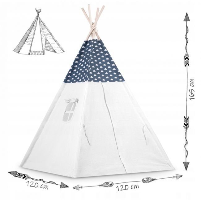 Cort de joaca pentru copii cu ghirlanda, 3 pernite si lampa led luna, ricokids 740404, 120 x 120 x 165 cm - bleumarin edeedi740404