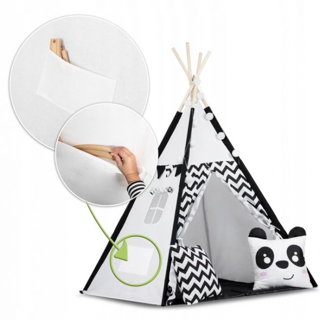 Cort de joaca pentru copii cu ghirlanda,lumini si 2 pernite ricokids 740005, 120 x 120 x 165 cm - panda edeedi740005