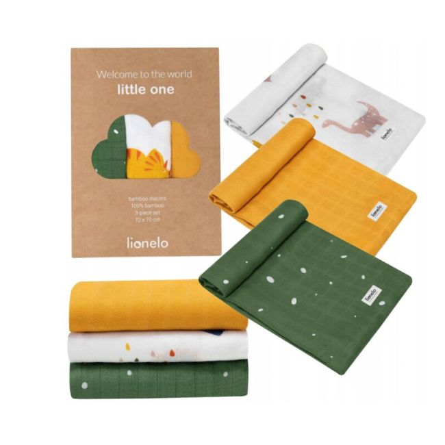 Lionelo - Set 3 scutece multifunctionale Dino, Din Bambus, 70x70 cm, Multicolor BYNLO-DINO_BAMBOO_BOX_MULTICOLOR