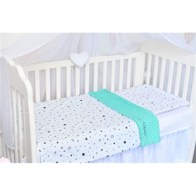 Lenjerie 3 piese patut 120x60 cm, model stelute si plus minky turquoise PFCC1306