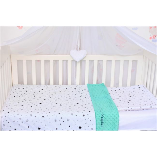 Lenjerie 3 piese patut 120x60 cm, model stelute si plus minky turquoise PFCC1306