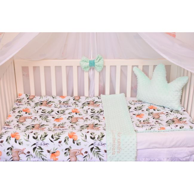 Lenjerie 3 piese patut 120x60 cm model caprioare si plus verde menta PFCC6125