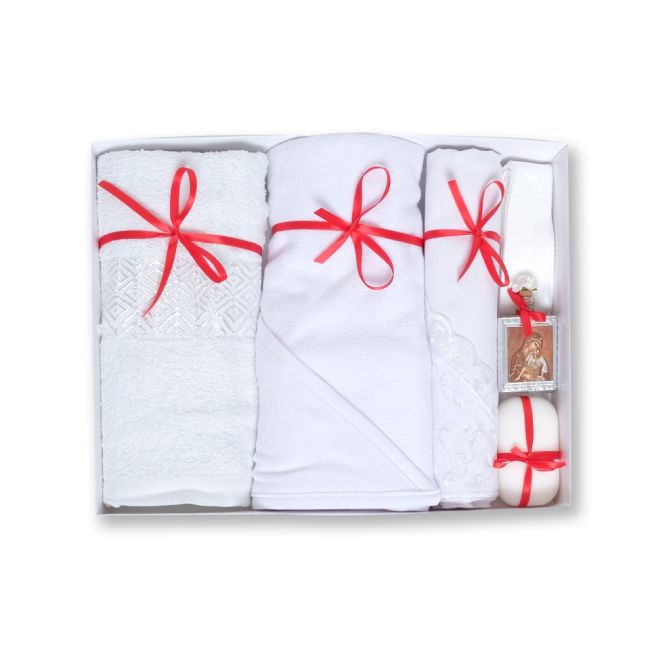 Trusou alb de botez pentru fetite, cu decoratiuni rosii - ICC506