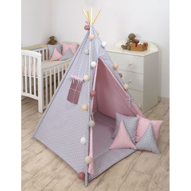 Cort De Joaca Stars Reversibil, Cu Saltea Impermeabila Inclusa, Indian Teepee Din Bumbac, Roz Gri Pjb63046