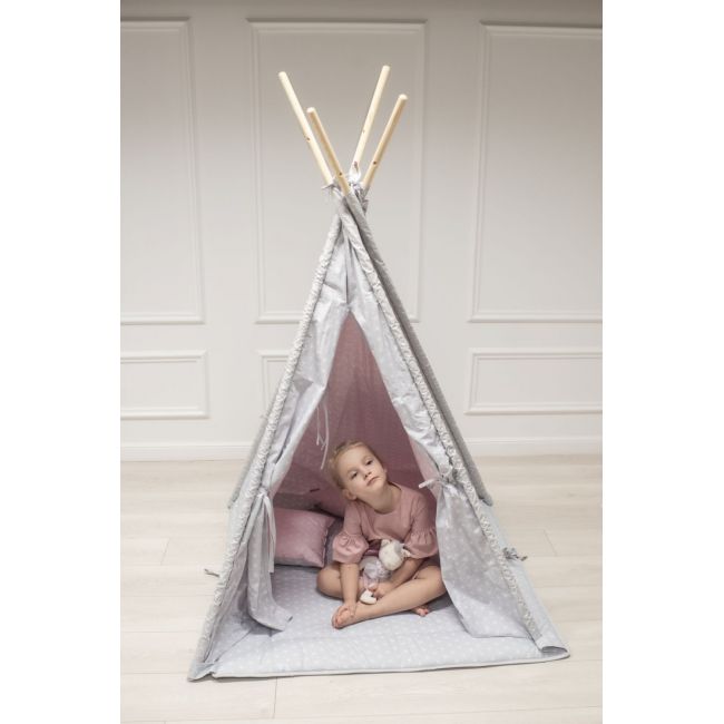 Cort De Joaca Stars Reversibil, Cu Saltea Impermeabila Inclusa, Indian Teepee Din Bumbac, Roz Gri Pjb63046