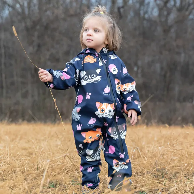 Salopeta impermeabila pentru copii Kidscare, cu protectie la vant si apa cu imprimeu Pisicute - marime 104 SUPKCSI503_Pisicute-104