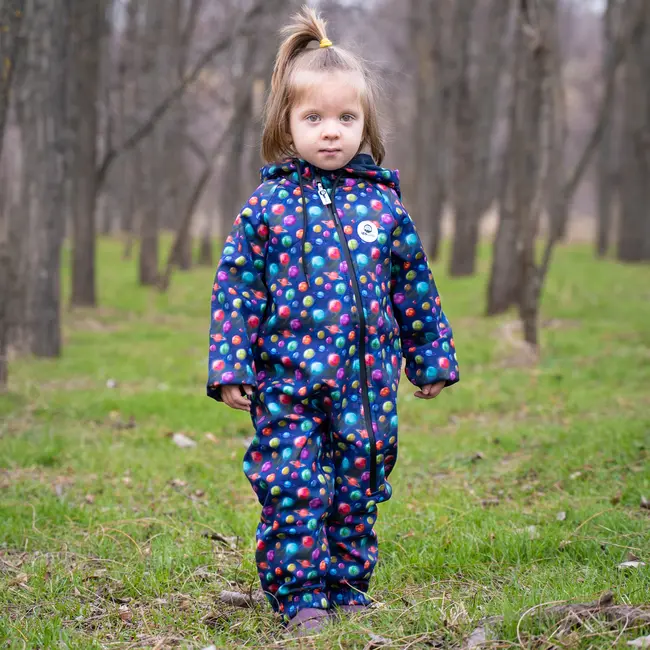 Salopeta impermeabila pentru copii Kidscare, cu protectie la vant si apa cu imprimeu Planete - marime 116 SUPKCSI506_Planete-116