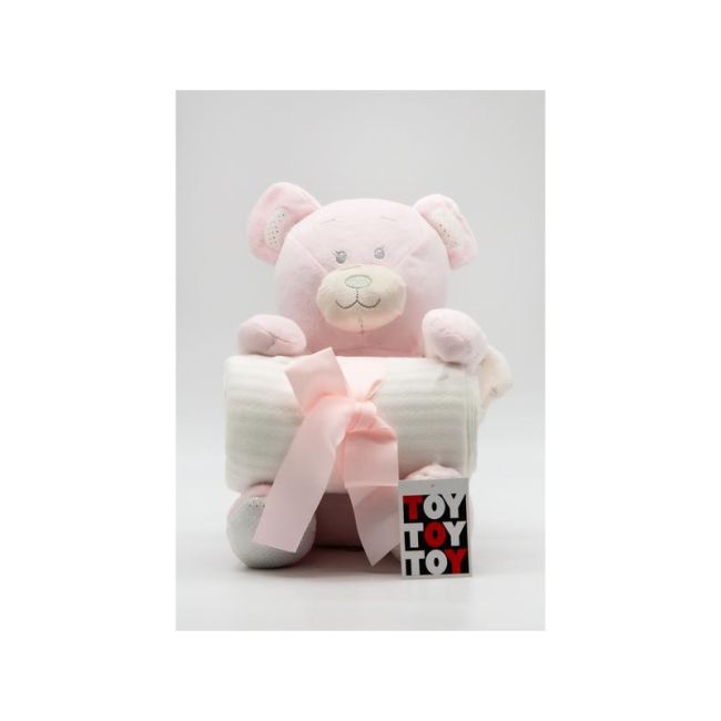 Paturica pufoasa cu jucarie TOY Urs pink, 26cm  Hausmann KRS230589