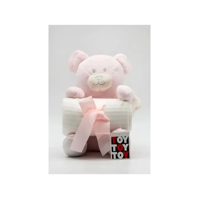 Paturica pufoasa cu jucarie TOY Urs pink, 26cm  Hausmann KRS230589