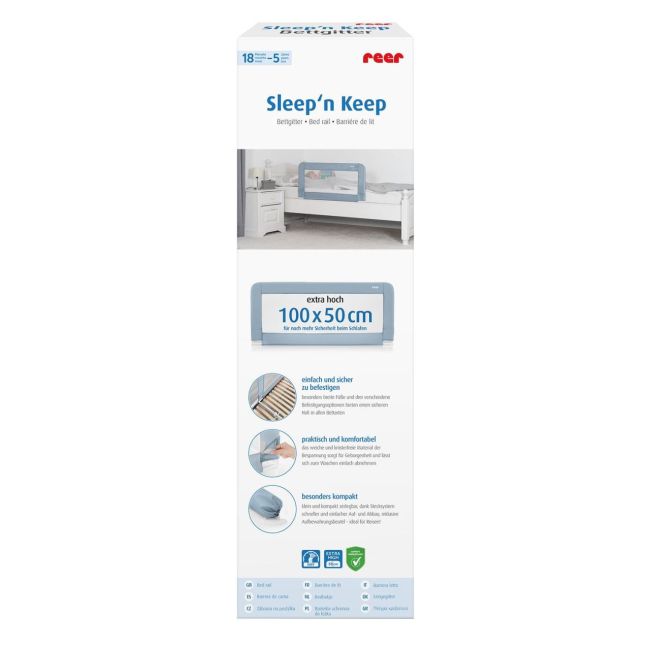 Bariera protectie anticadere pat copii, lungime 100 cm, albastru-gri, Reer Sleep'n Keep 45101
