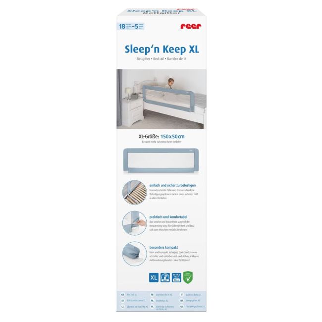 Bariera protectie anticadere pat copii, lungime 150 cm, albastru-gri, Reer Sleep'n Keep XL 45111