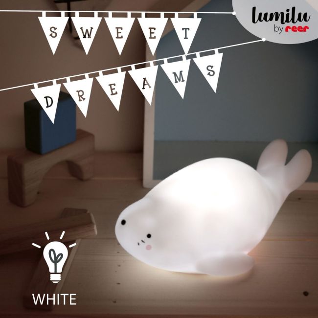 Lampa de veghe si veioza cu LED, lumina reglabila si functie oprire cronometrata, forma foca, alba, Lumilu Lazy Friends Seal, Reer 52240
