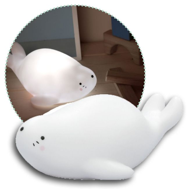 Lampa de veghe si veioza cu LED, lumina reglabila si functie oprire cronometrata, forma foca, alba, Lumilu Lazy Friends Seal, Reer 52240