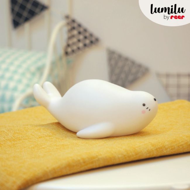 Lampa de veghe si veioza cu LED, lumina reglabila si functie oprire cronometrata, forma foca, alba, Lumilu Lazy Friends Seal, Reer 52240