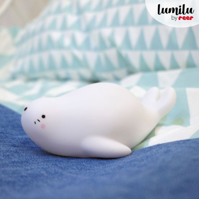 Lampa de veghe si veioza cu LED, lumina reglabila si functie oprire cronometrata, forma foca, alba, Lumilu Lazy Friends Seal, Reer 52240