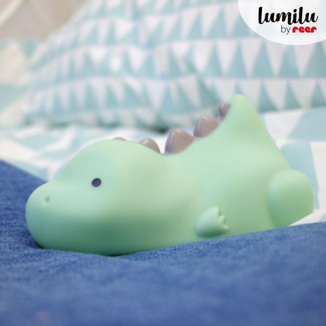 Lampa de veghe si veioza cu LED, lumina reglabila si oprire cronometrata, forma dinozaur, turcoaz, Lumilu Lazy Friends Dino, Reer 52223
