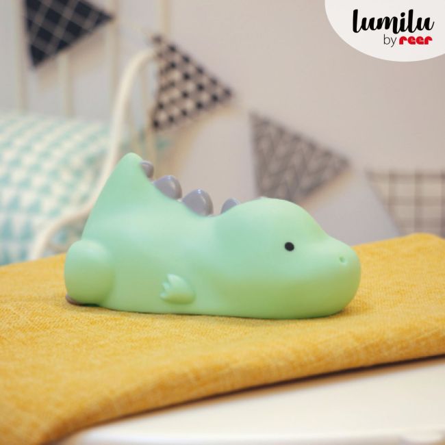 Lampa de veghe si veioza cu LED, lumina reglabila si oprire cronometrata, forma dinozaur, turcoaz, Lumilu Lazy Friends Dino, Reer 52223