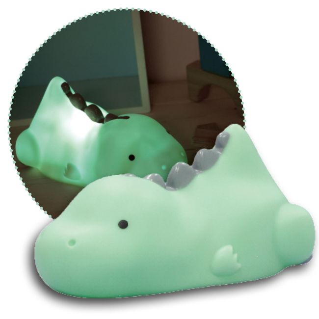 Lampa de veghe si veioza cu LED, lumina reglabila si oprire cronometrata, forma dinozaur, turcoaz, Lumilu Lazy Friends Dino, Reer 52223