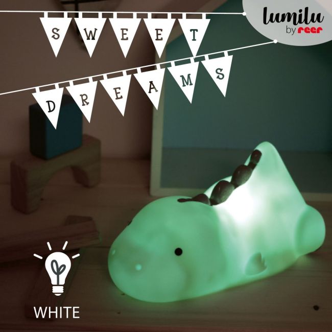 Lampa de veghe si veioza cu LED, lumina reglabila si oprire cronometrata, forma dinozaur, turcoaz, Lumilu Lazy Friends Dino, Reer 52223