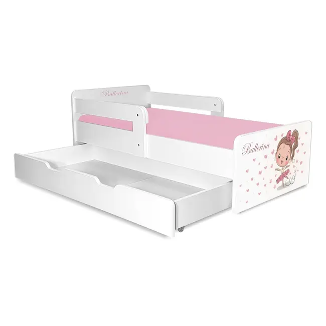 Pat copii Balerina P2 2-12 ani cu sertar si 2 protectii laterale detasabile si saltea SafeNest cu lana inclusa - PC-P-MK-SRT-BAL-P2-80