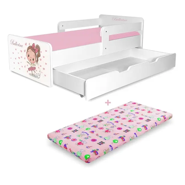 Pat copii Balerina P2 2-12 ani cu sertar si 2 protectii laterale detasabile si saltea SafeNest cu lana inclusa - PC-P-MK-SRT-BAL-P2-80