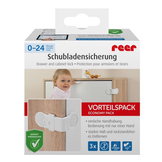 Set 3 sigurante pentru blocare sertare si usi de dulapuri REER 71080