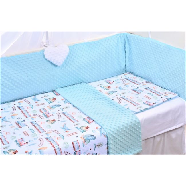 Lenjerie 3 piese patut 120x60 cm model trenulete si plus bleu PFCPF2819