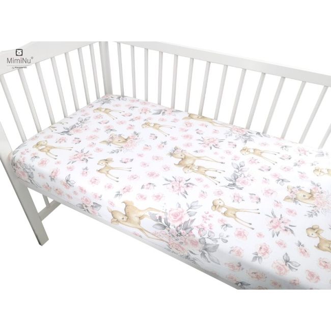 MimiNu - Cearceaf cu elastic pentru patut 140X70 cm, Din bumbac, Sweet Deer Pink BYN6426972009195